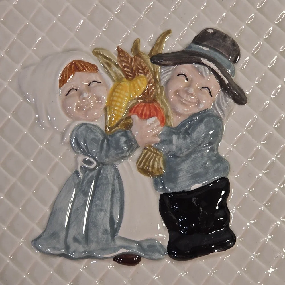 Vintage Thanksgiving Ceramic Serving Platter Pilgrim Harvest Corn Oval Platter